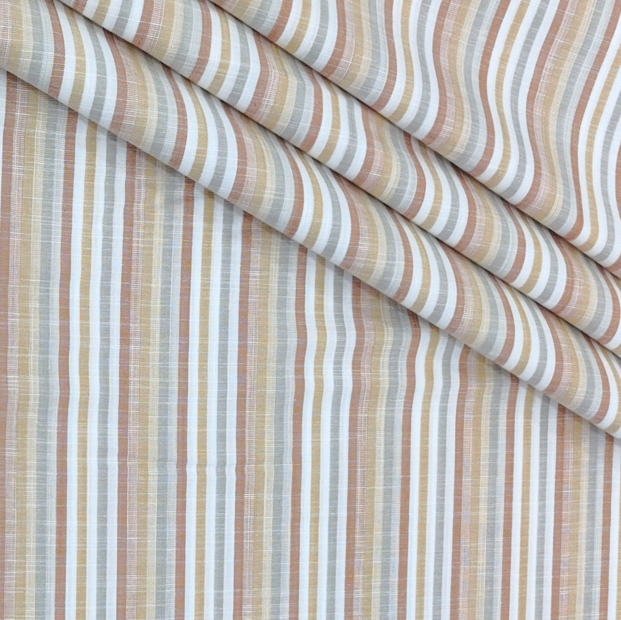 Shirt Fabric Arvind 100% Pure Cotton Vertical Stripes Colour Rust Brown, Soft Grey N Crisp White